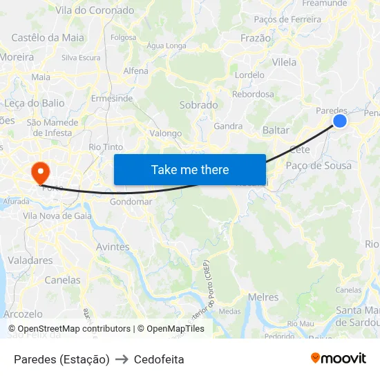 Paredes (Estação) to Cedofeita map