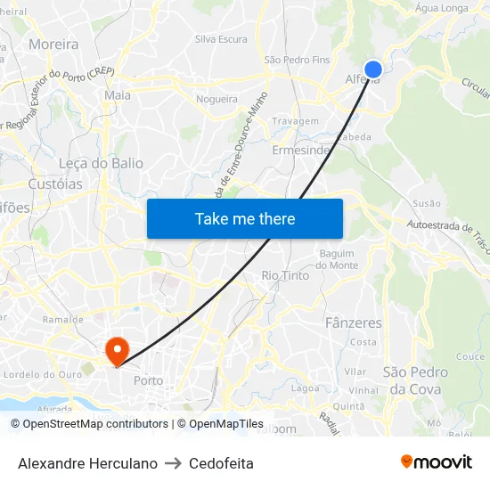 Alexandre Herculano to Cedofeita map