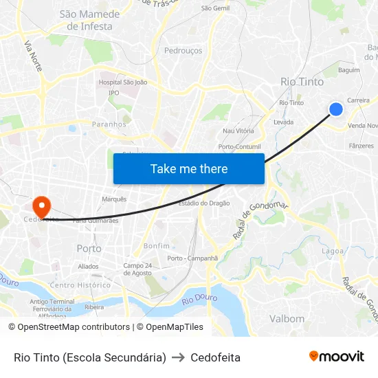 Rio Tinto (Escola Secundária) to Cedofeita map