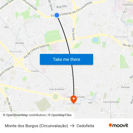 Monte dos Burgos (Circunvalação) to Cedofeita map