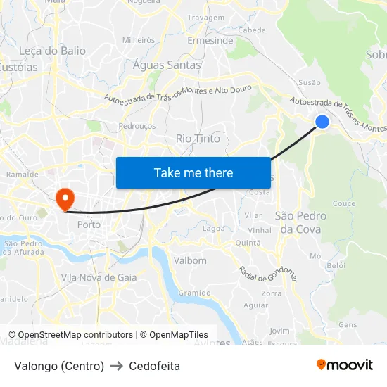 Valongo (Centro) to Cedofeita map