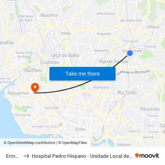 Ermesinde to Hospital Pedro Hispano - Unidade Local de Saúde de Matosinhos, E.P.E. map