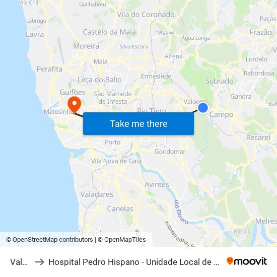 Valongo to Hospital Pedro Hispano - Unidade Local de Saúde de Matosinhos, E.P.E. map