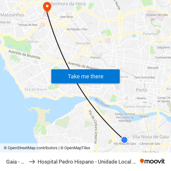 Gaia - Devesas to Hospital Pedro Hispano - Unidade Local de Saúde de Matosinhos, E.P.E. map