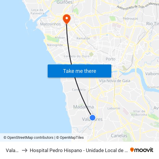 Valadares to Hospital Pedro Hispano - Unidade Local de Saúde de Matosinhos, E.P.E. map