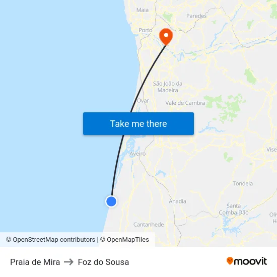 Praia de Mira to Foz do Sousa map