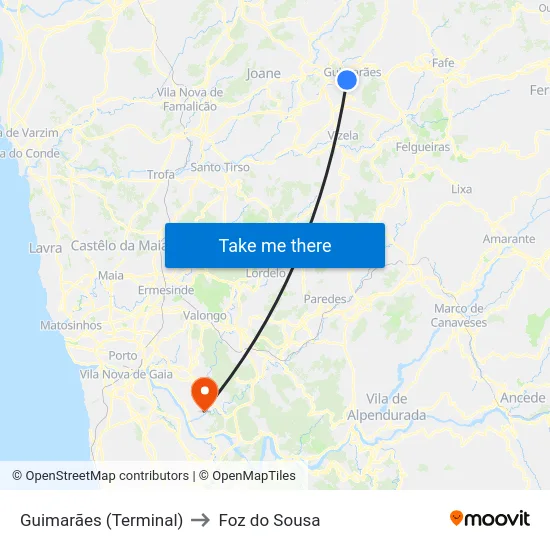 Guimarães (Terminal) to Foz do Sousa map