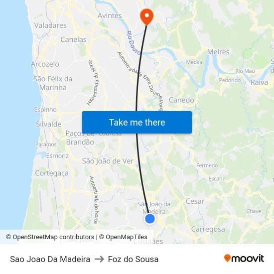 Sao Joao Da Madeira to Foz do Sousa map