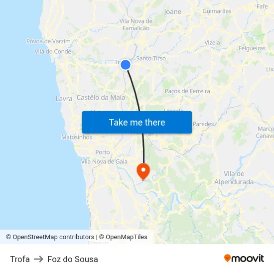 Trofa to Foz do Sousa map