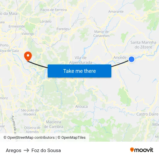 Aregos to Foz do Sousa map