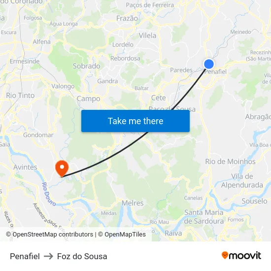 Penafiel to Foz do Sousa map