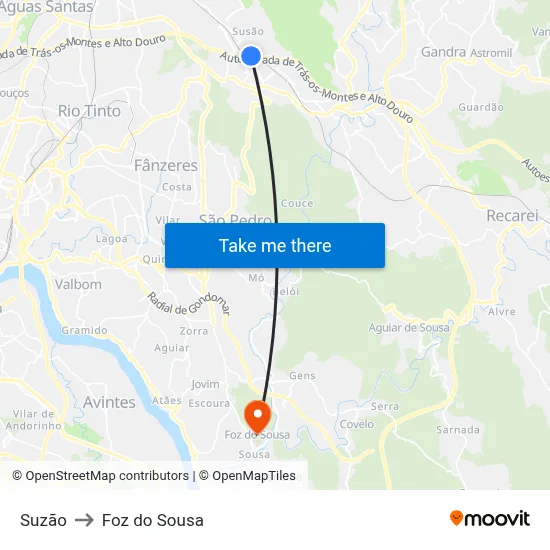 Suzão to Foz do Sousa map