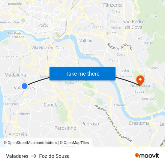Valadares to Foz do Sousa map