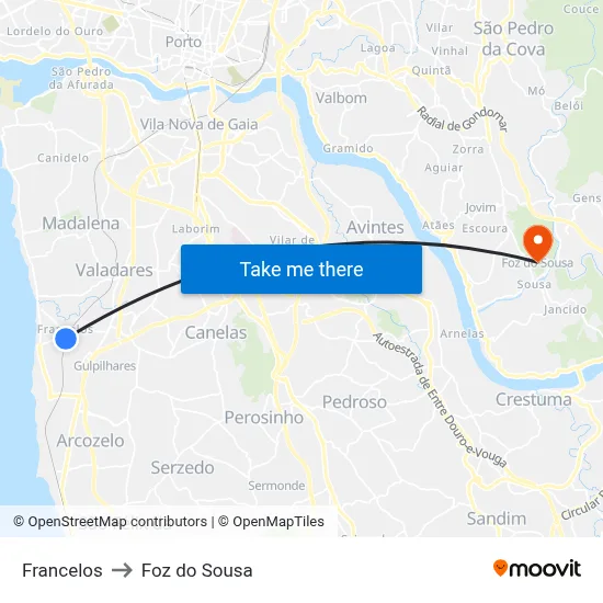 Francelos to Foz do Sousa map
