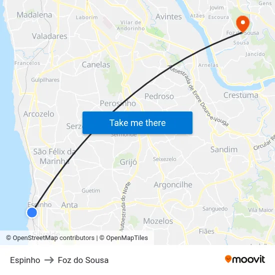 Espinho to Foz do Sousa map