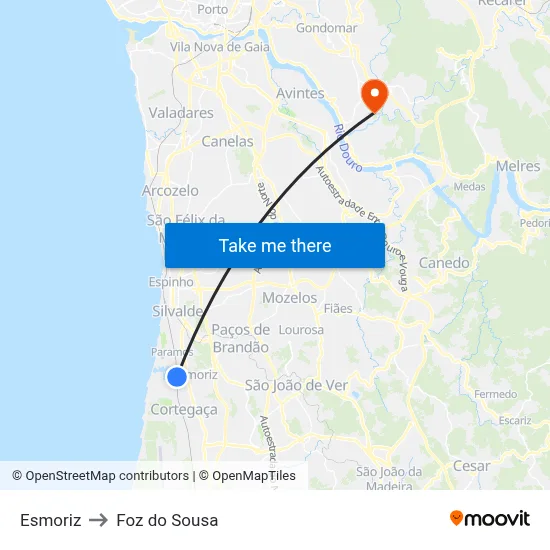 Esmoriz to Foz do Sousa map