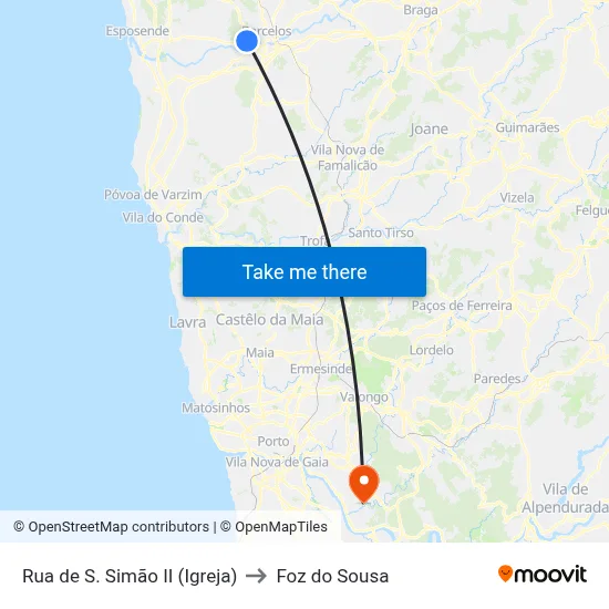 Rua de S. Simão II (Igreja) to Foz do Sousa map