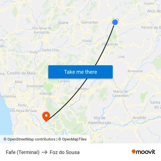 Fafe (Terminal) to Foz do Sousa map
