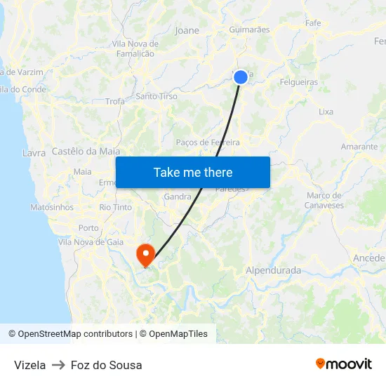 Vizela to Foz do Sousa map