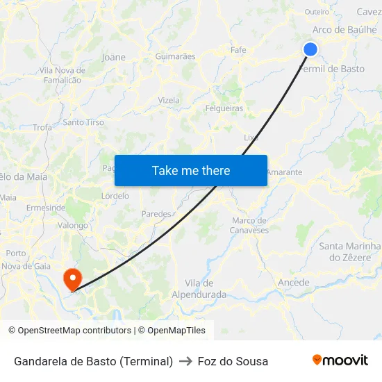 Gandarela de Basto (Terminal) to Foz do Sousa map