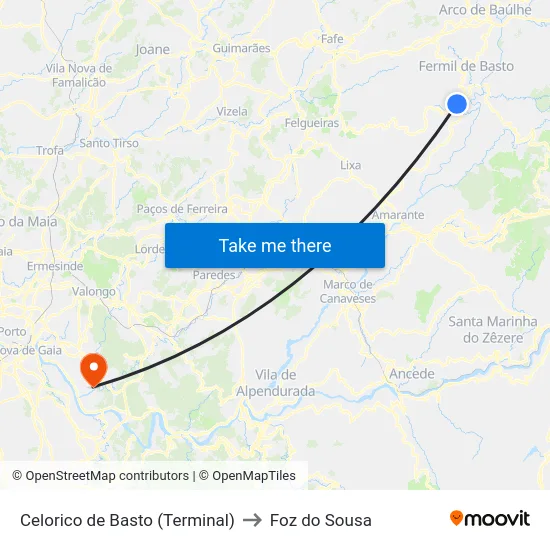 Celorico de Basto (Terminal) to Foz do Sousa map