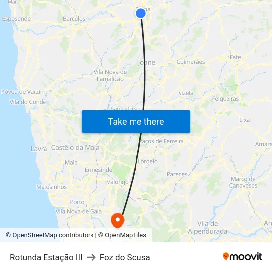 Rotunda Estação III to Foz do Sousa map