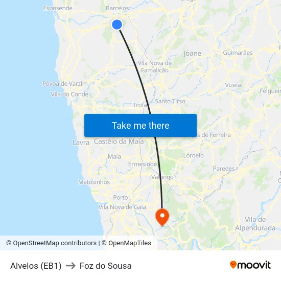 Alvelos (EB1) to Foz do Sousa map