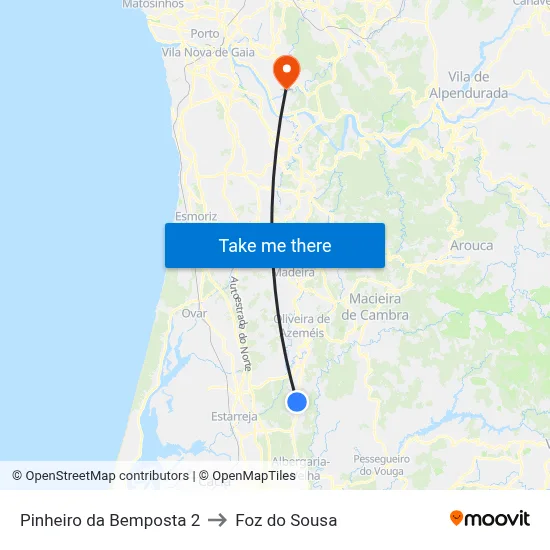 Pinheiro da Bemposta 2 to Foz do Sousa map