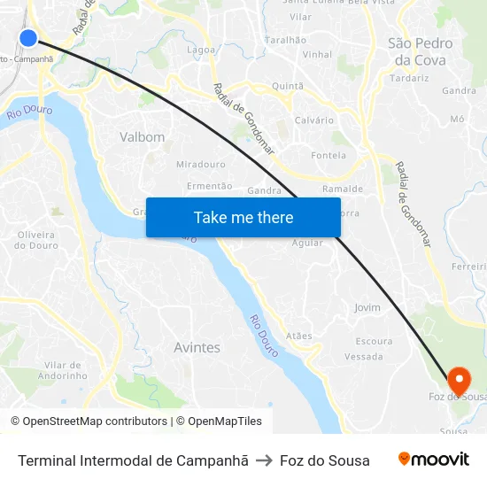 Terminal Intermodal de Campanhã to Foz do Sousa map