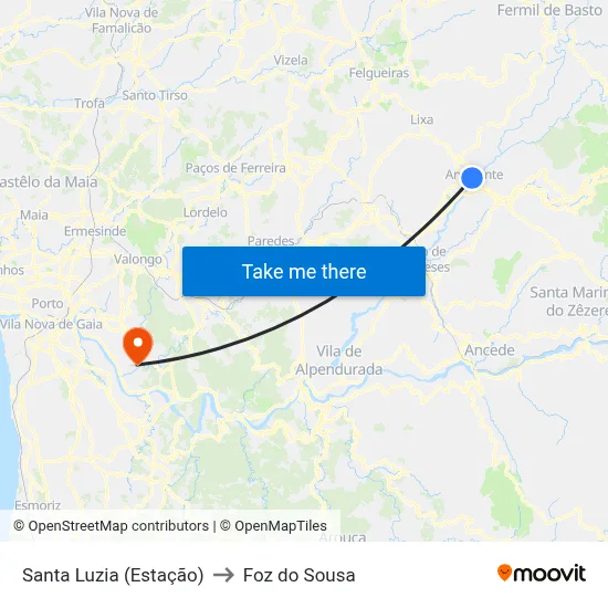 Santa Luzia (Estação) to Foz do Sousa map