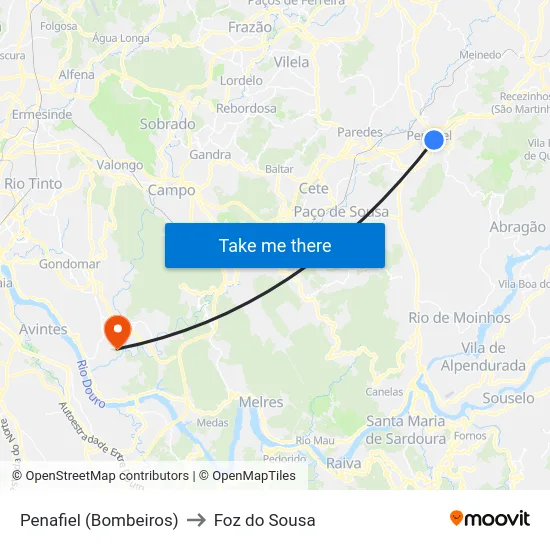 Penafiel (Bombeiros) to Foz do Sousa map