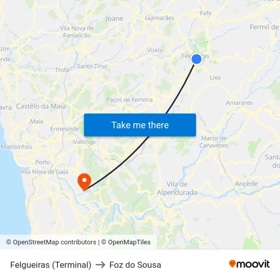 Felgueiras (Terminal) to Foz do Sousa map