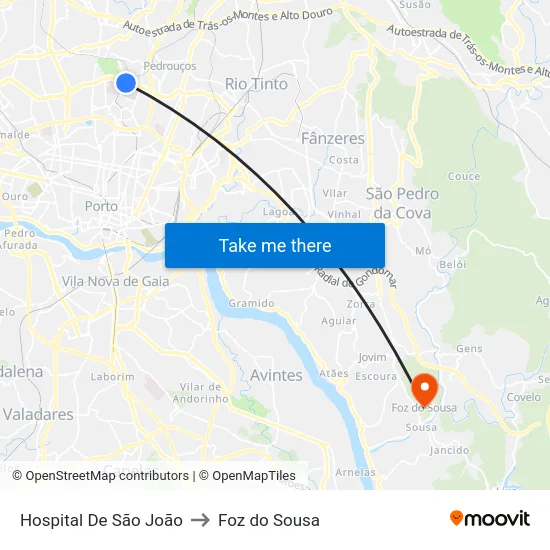 Hospital De São João to Foz do Sousa map