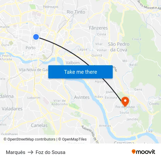 Marquês to Foz do Sousa map