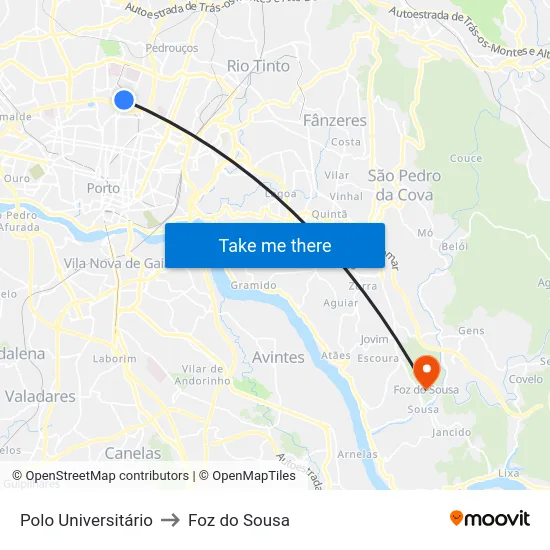Polo Universitário to Foz do Sousa map