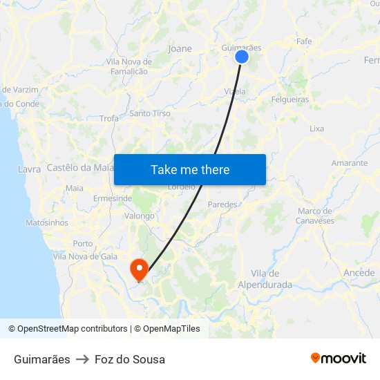 Guimarães to Foz do Sousa map