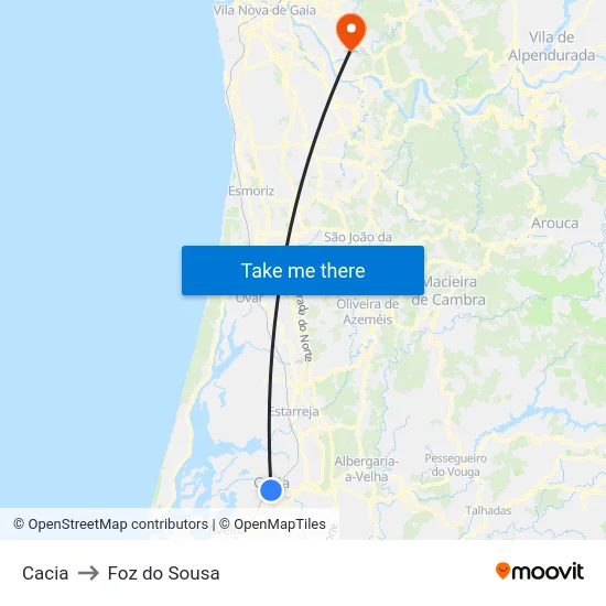 Cacia to Foz do Sousa map