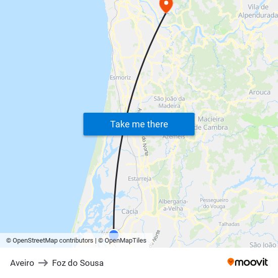 Aveiro to Foz do Sousa map