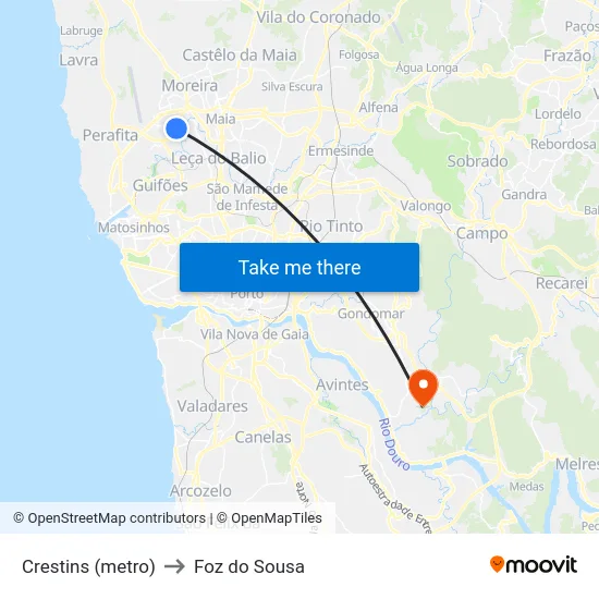 Crestins (metro) to Foz do Sousa map