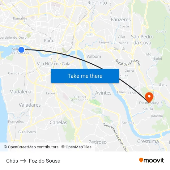 Chãs to Foz do Sousa map