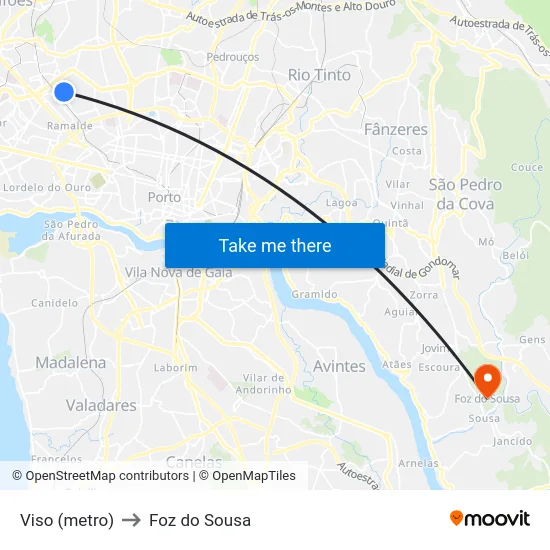 Viso (metro) to Foz do Sousa map