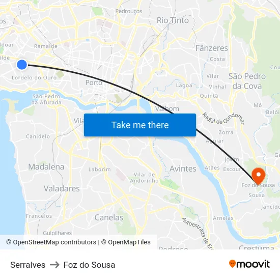 Serralves to Foz do Sousa map