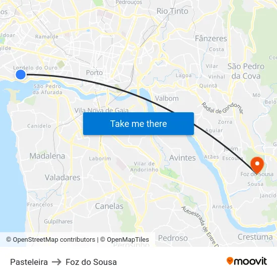 Pasteleira to Foz do Sousa map
