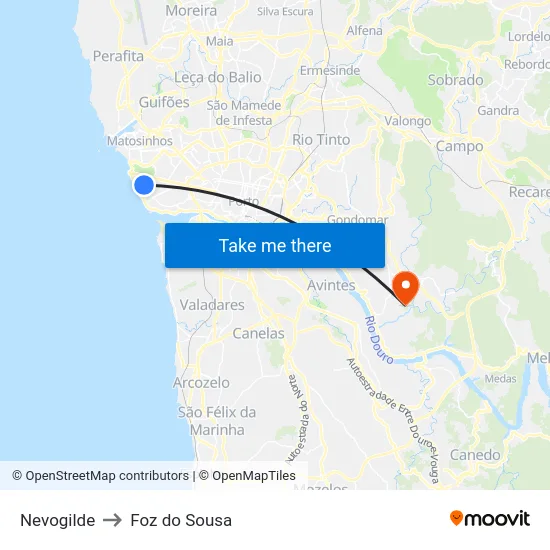 Nevogilde to Foz do Sousa map