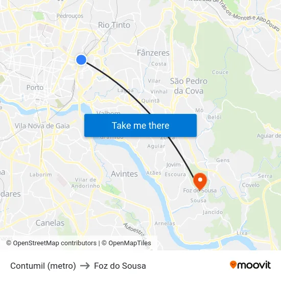 Contumil (metro) to Foz do Sousa map