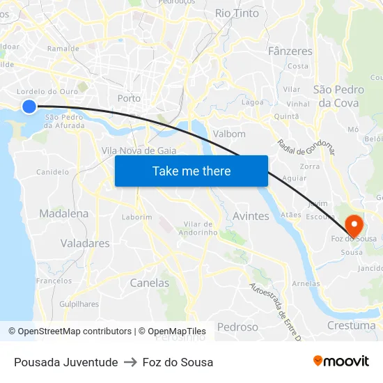 Pousada Juventude to Foz do Sousa map
