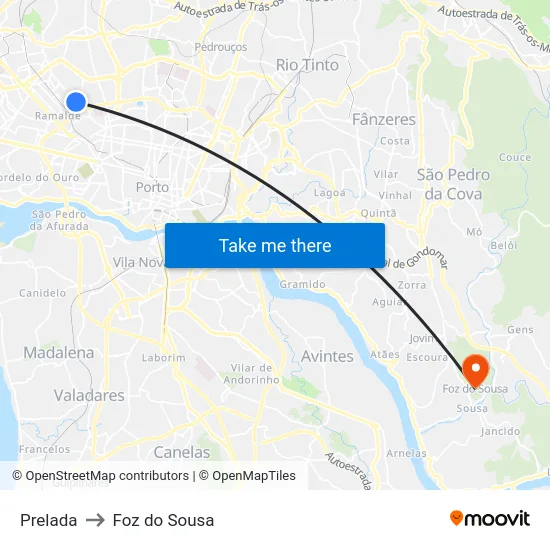 Prelada to Foz do Sousa map