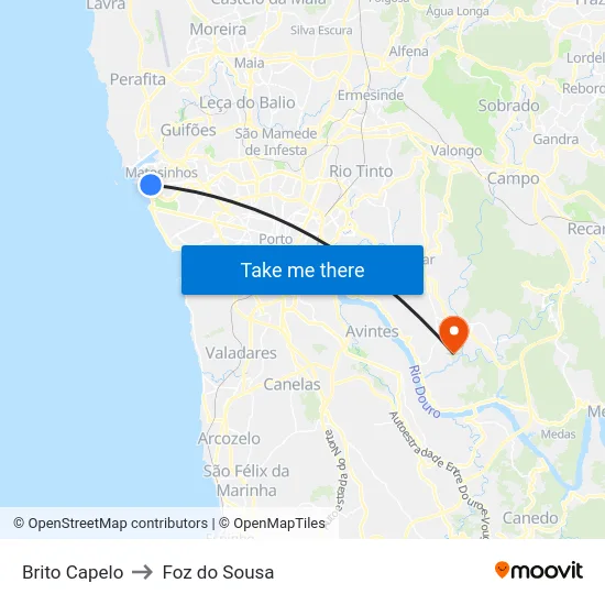 Brito Capelo to Foz do Sousa map