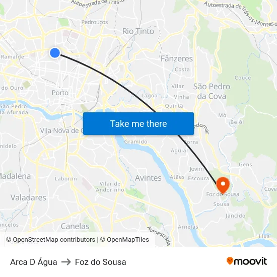 Arca D Água to Foz do Sousa map