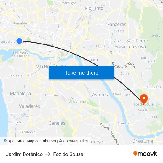 Jardim Botânico to Foz do Sousa map